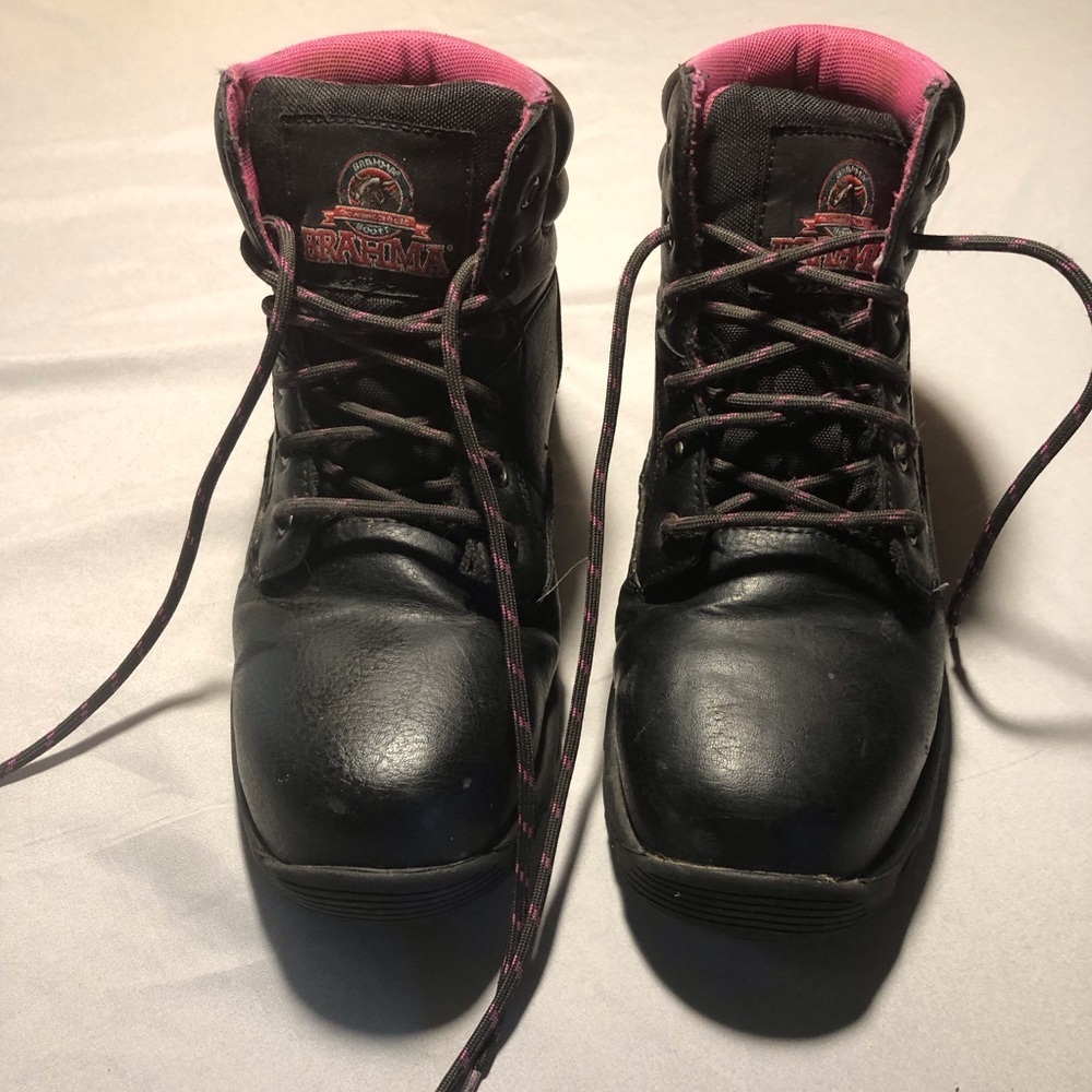BRAHMA Women's Size 6 Work Boots Black Pink Lace Up Steel Toe Safety Boots